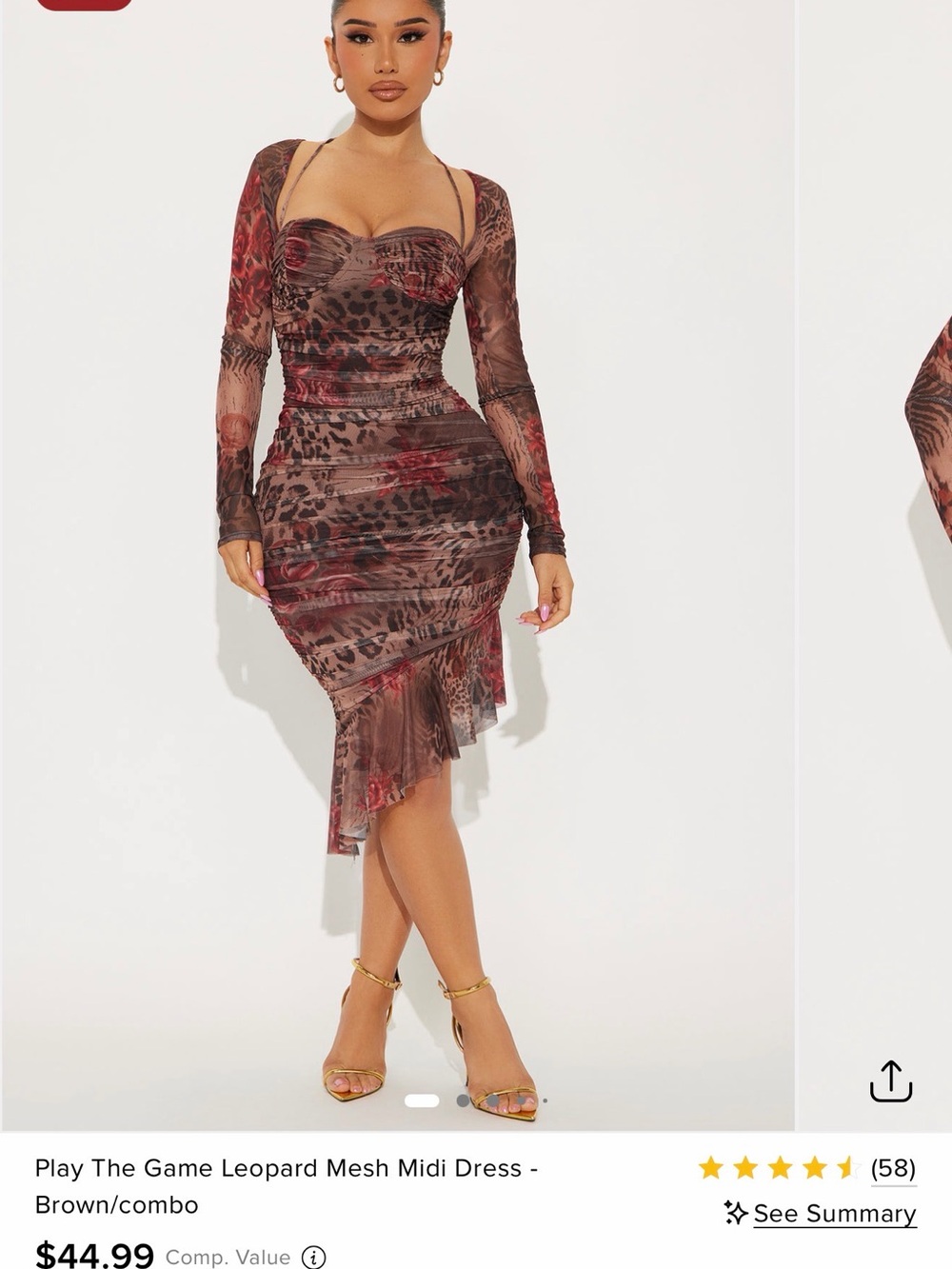The Game Leopard-Print Mesh Midi Dress in Brown and Red